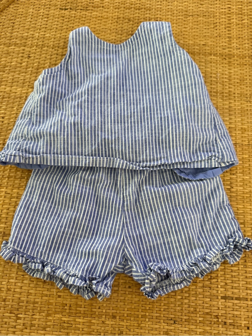 Hanna Anderson Blue and White Stripe Ruffle Shorts Set